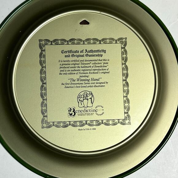 Norman Rockwell Schmidt’s Beer The Winning Hand Tin Plate decor USA 1984 COA - Picture 3 of 5